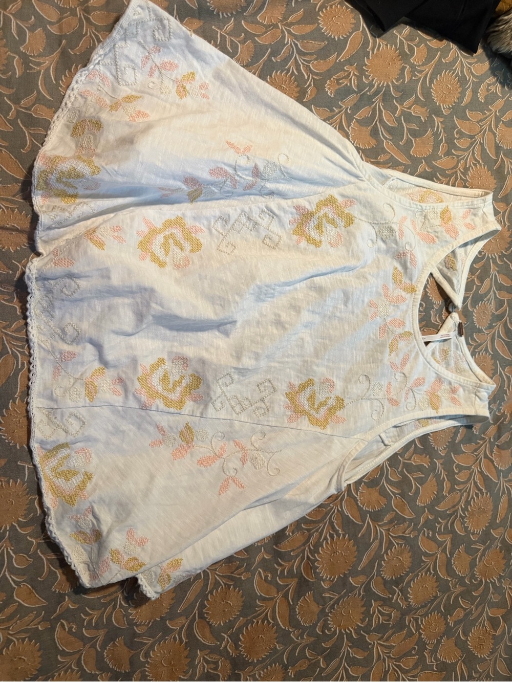 Free People White Tank with Pink & Yellow Embroidery